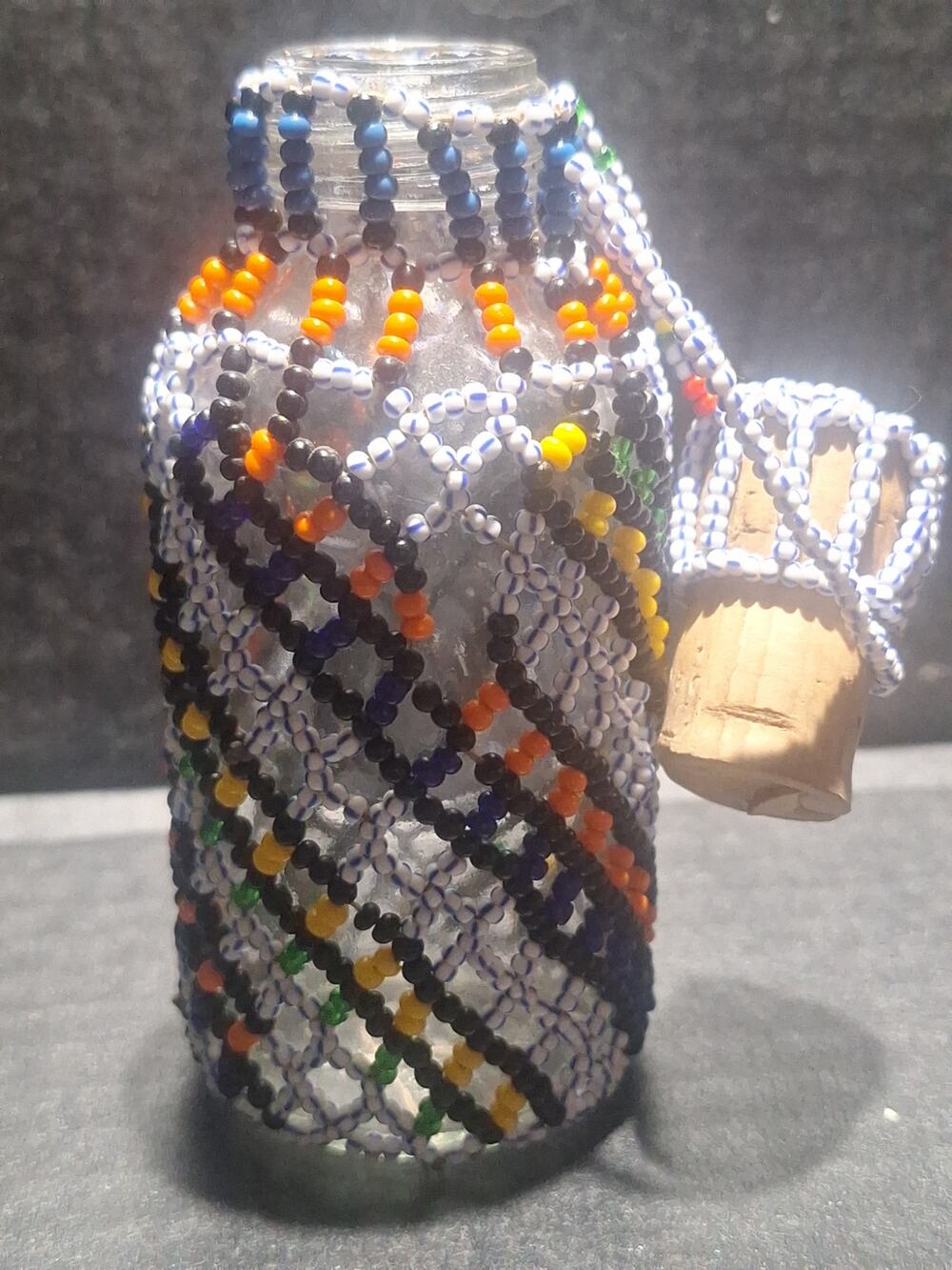 Vintage South African Zulu Style Hand Beaded Glass Bottle Cork Folk Art 5"